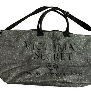 Victoria’s Secret Glitter Weekender Duffle Bag – Silver & Black “London, New Yor